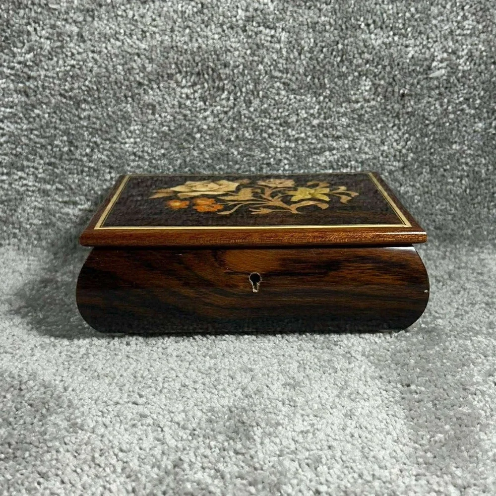 Reuge Music Box Brown Floral Marquetry Lara's Theme Italy Vintage